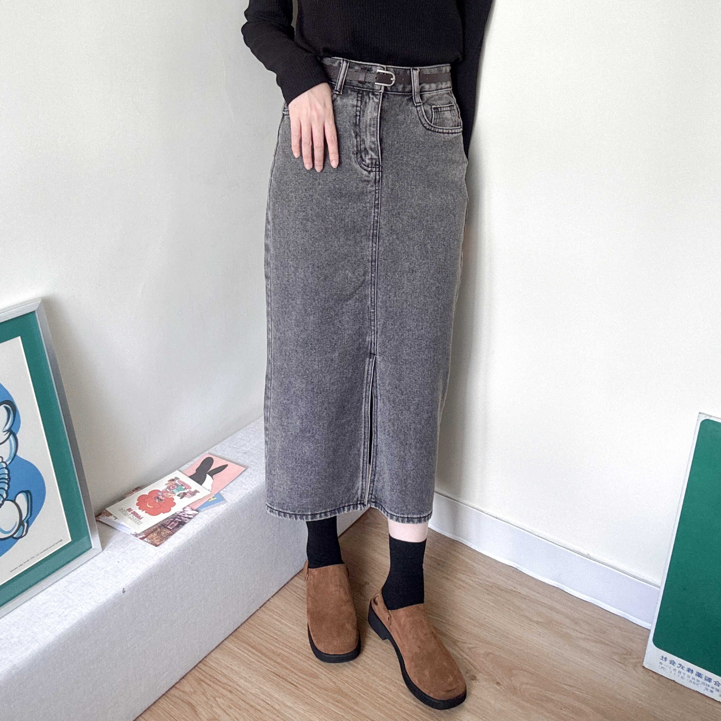 牛仔連belt直身裙