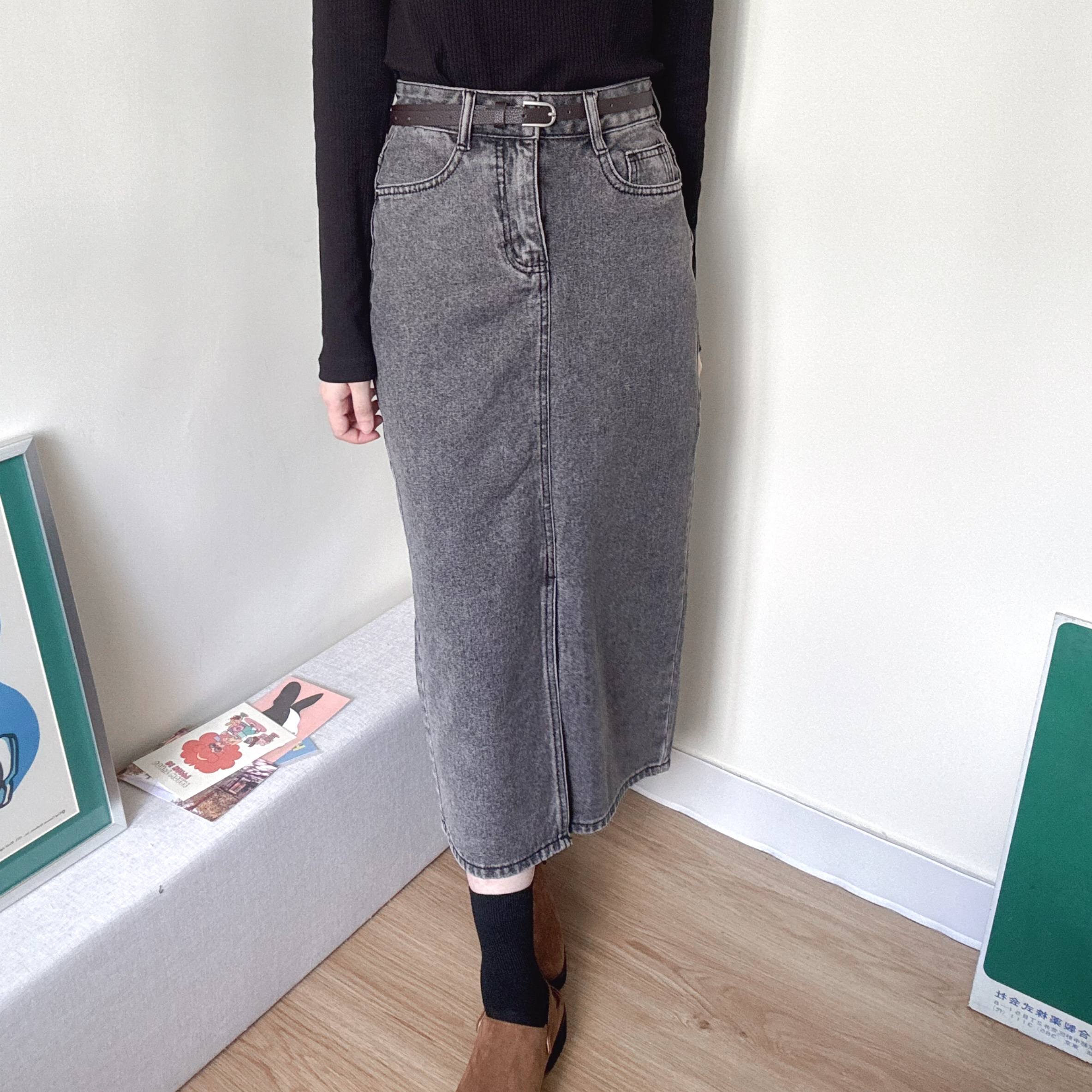 牛仔連belt直身裙