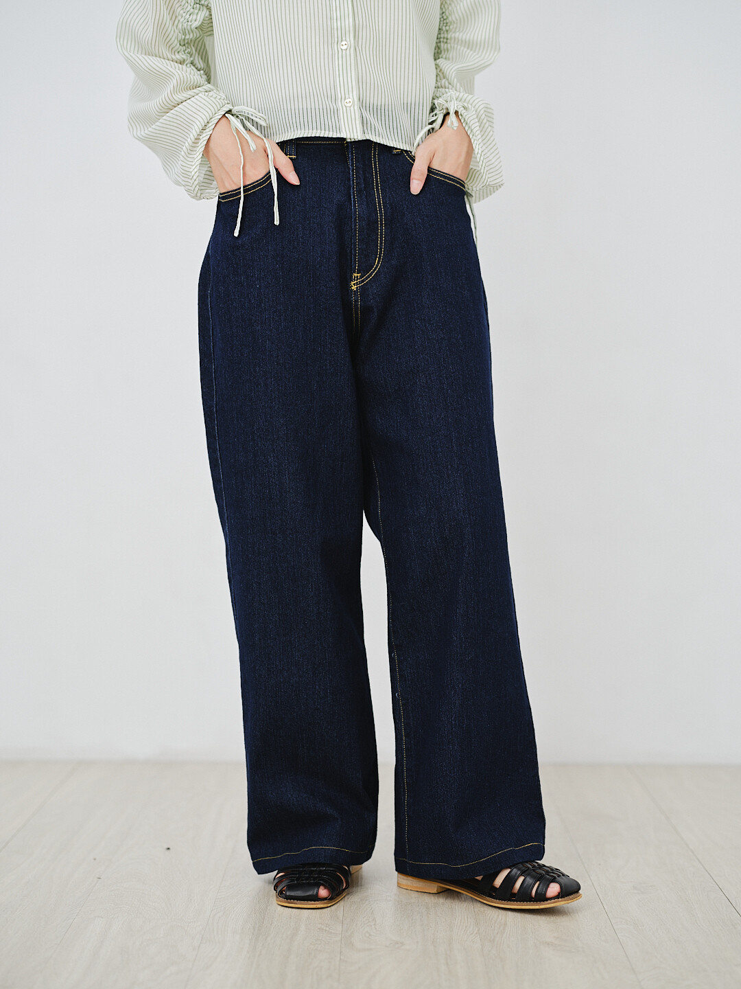 記憶備份！彈力牛仔寬褲(三色-海軍)