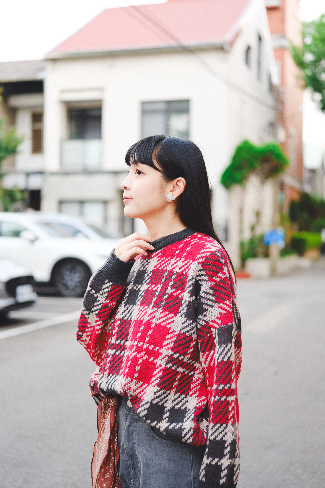 (預購)晨昏線！撞色格紋針織毛衣(三色-灰黑×酒紅格紋)