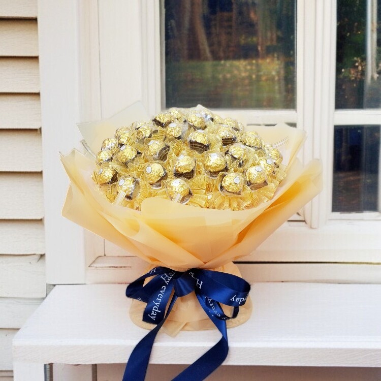白窗40枝金莎金色包裝藍色蝴蝶結花束,可抽取式花束