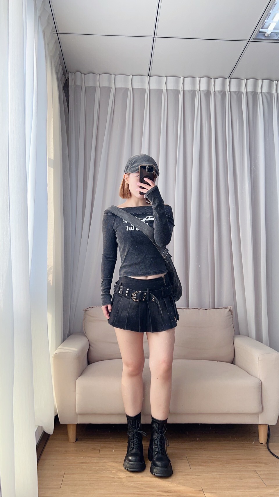 腰帶復古百褶短裙