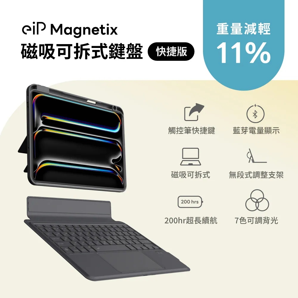 eiP｜eiP Magnetix 磁吸可拆式藍牙鍵盤保護殼 含觸控板-快捷版 (iPad Pro 11" M4 2024款)