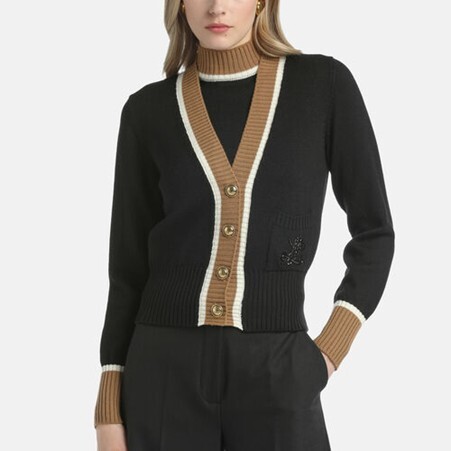 1LS1015-063 LUISA SPAGNOLI Monoposto Embroidered Cardigan Black/Biscotto/Off White #100239.0202 (C-EU-E)