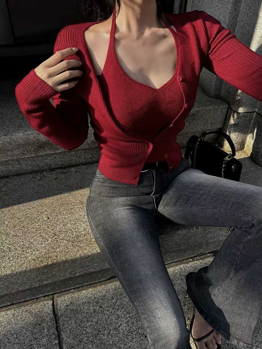 Oct5109 高單質感小辣繞脖背心＋針織外套Set