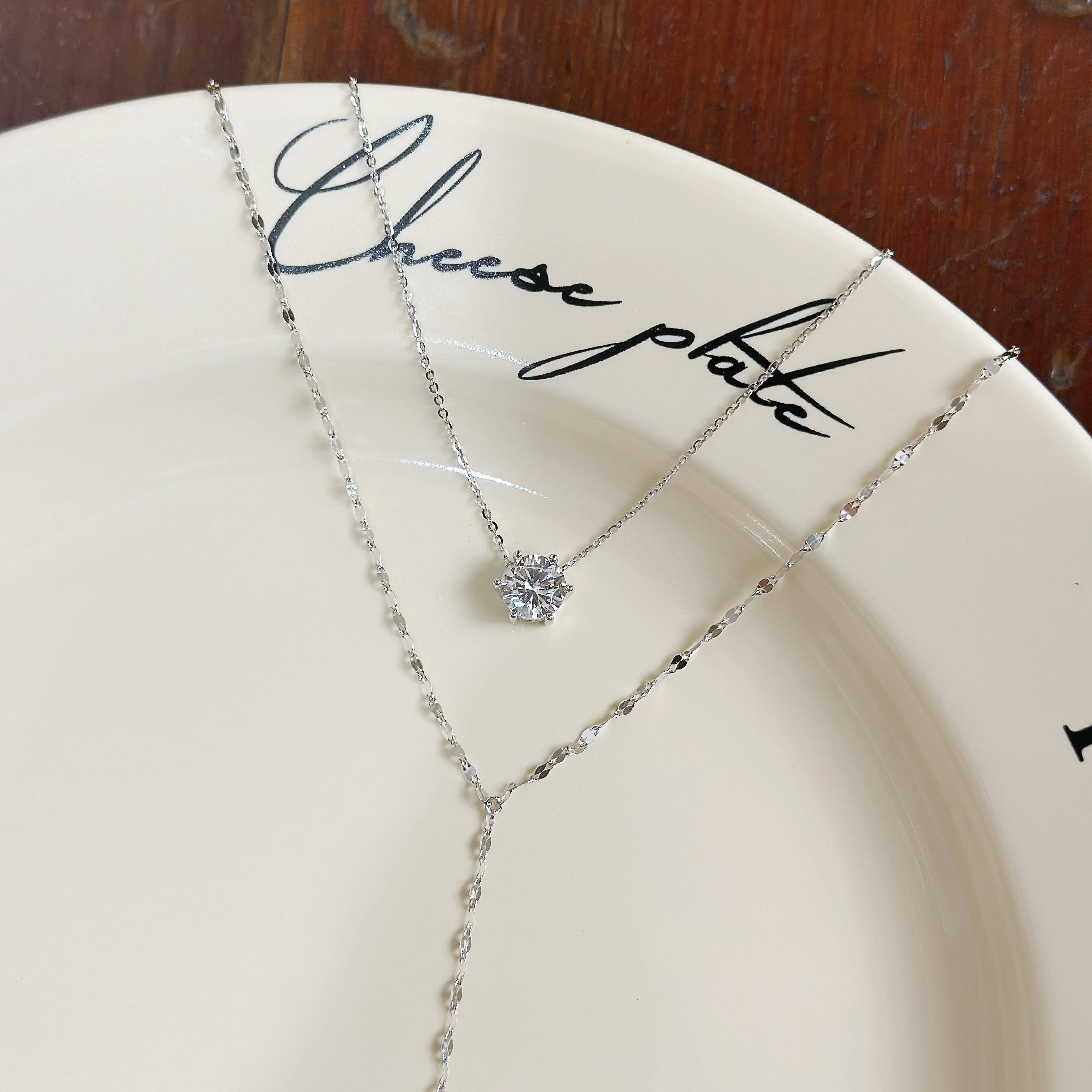 Y196【輕奢】單鑽雙層純銀鎖骨鏈