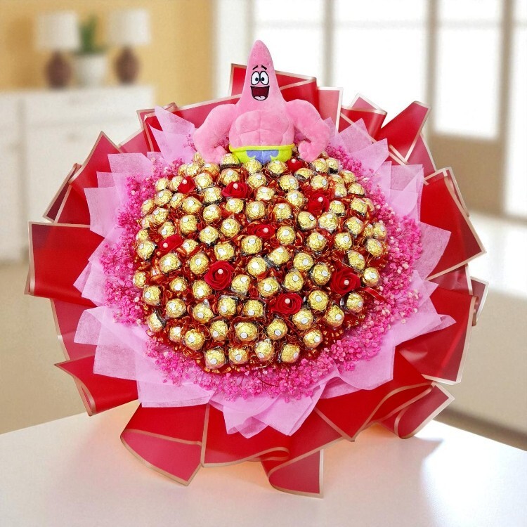 肌肉派大星紅色喜氣100支金莎花香皂花束滿天星花束,拜拜花束,祭拜花束,還願花束,可抽取式花束,適合生日祝壽花束,神明祝壽花束,婚禮二次進場花束