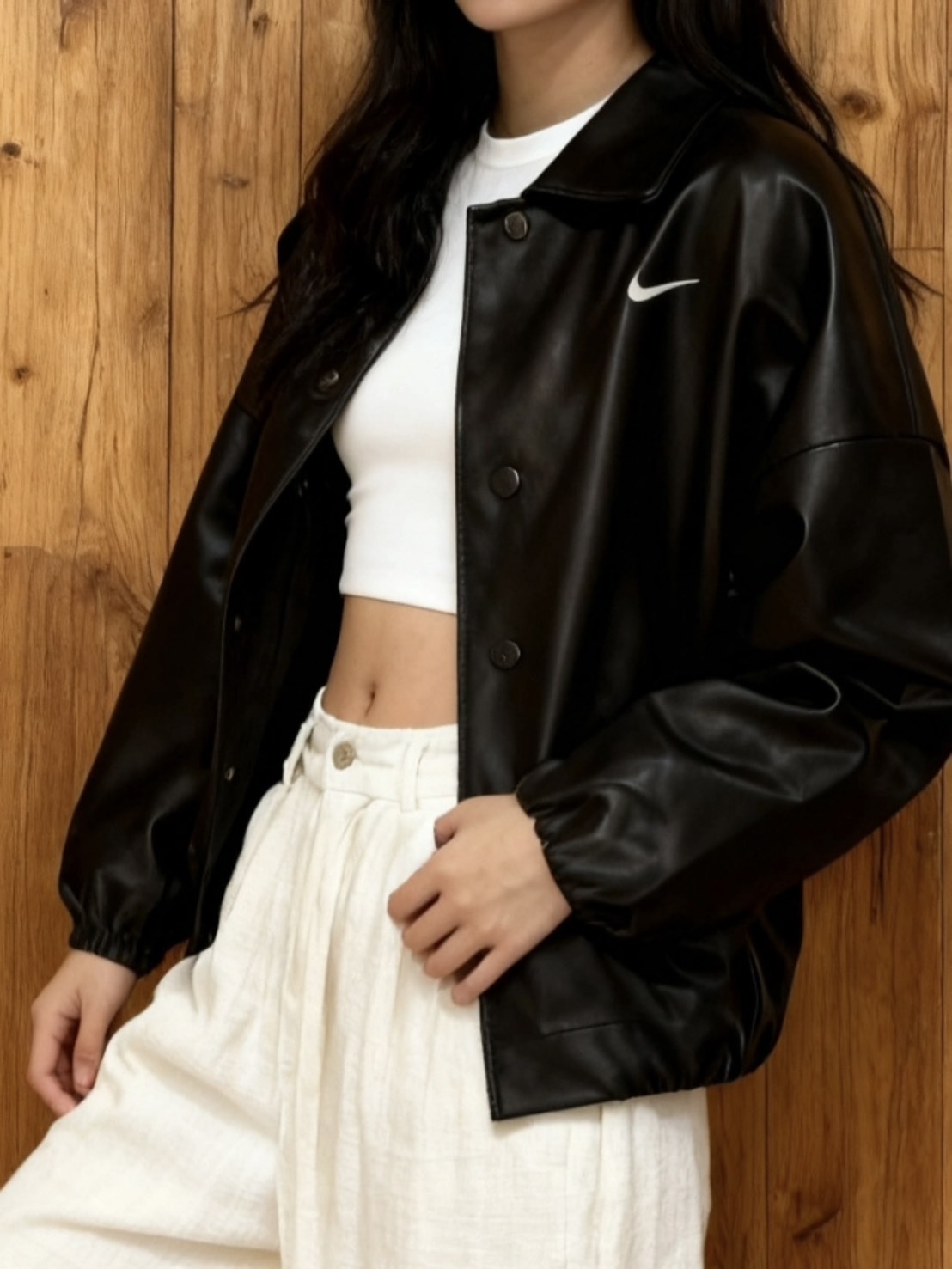 <國外限定> Nike 豹紋領 寬鬆皮外套