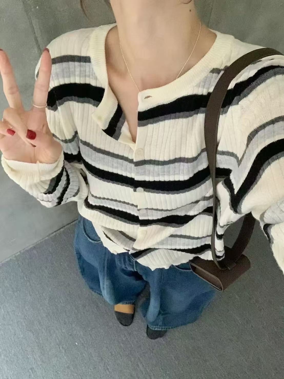 615 韓系美條紋配色排扣針織外套