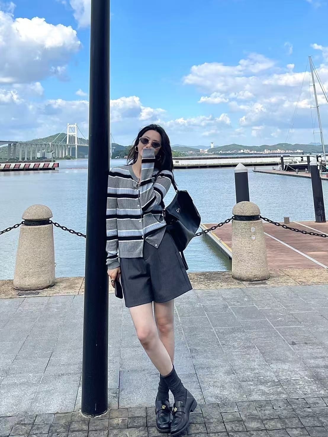 615 韓系美條紋配色排扣針織外套