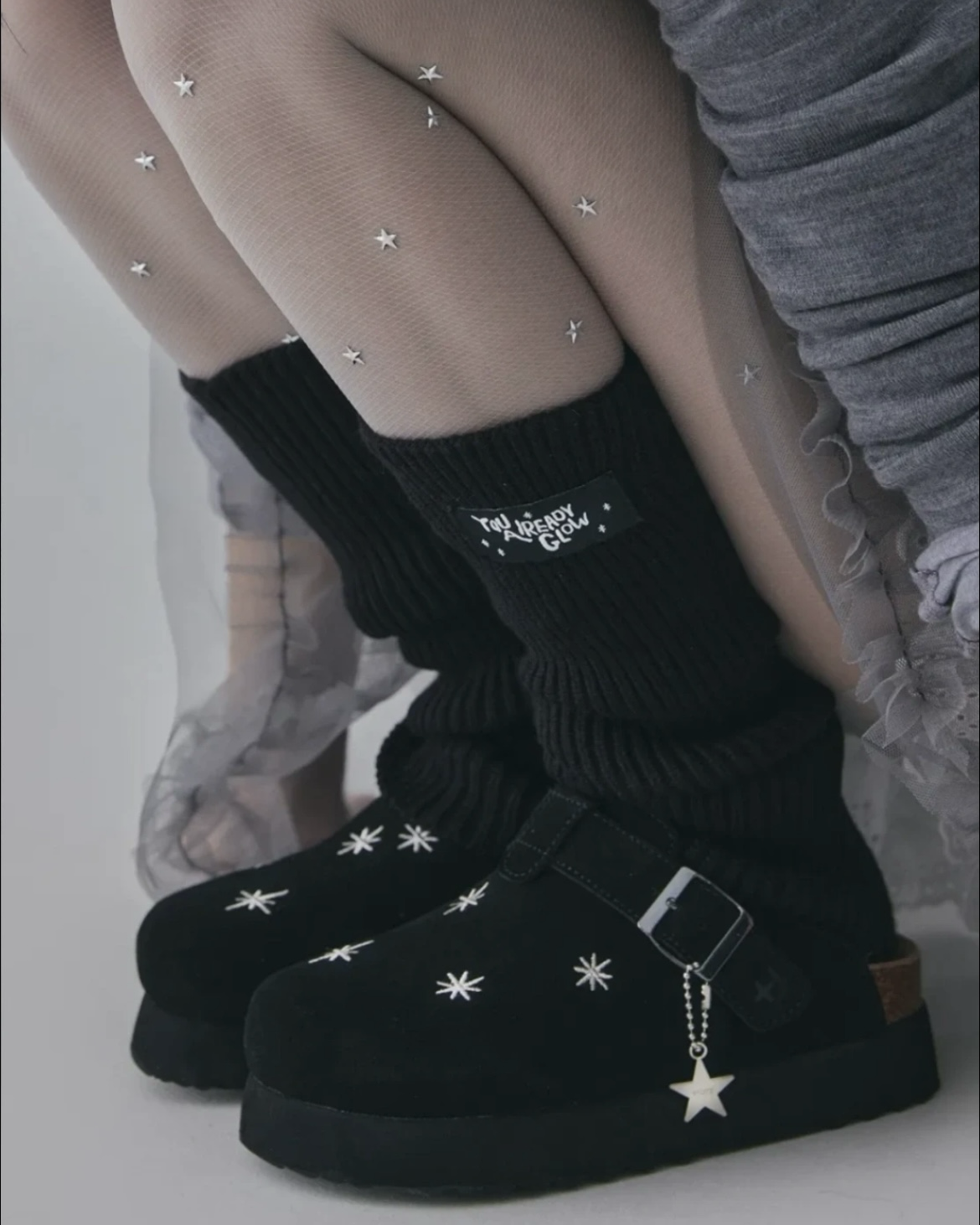 韓國OTZ x Lofa Seoul 星星刺繡勃肯鞋 麂皮 厚底 懶人拖 拖鞋