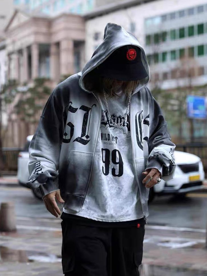 仿污英文字連帽拉鍊外套 JK2601