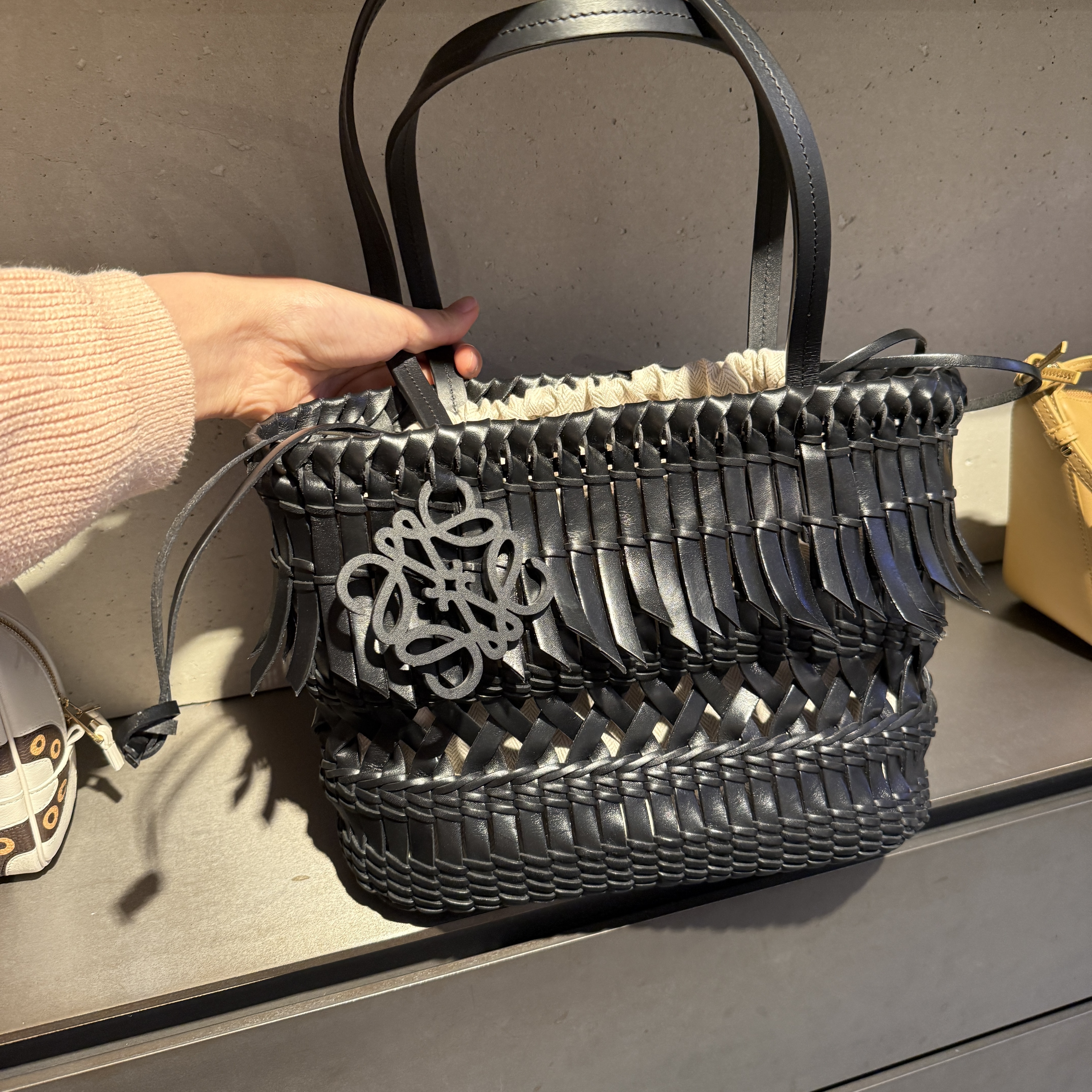 Loewe Fringe square Basket tote shoulder bag black