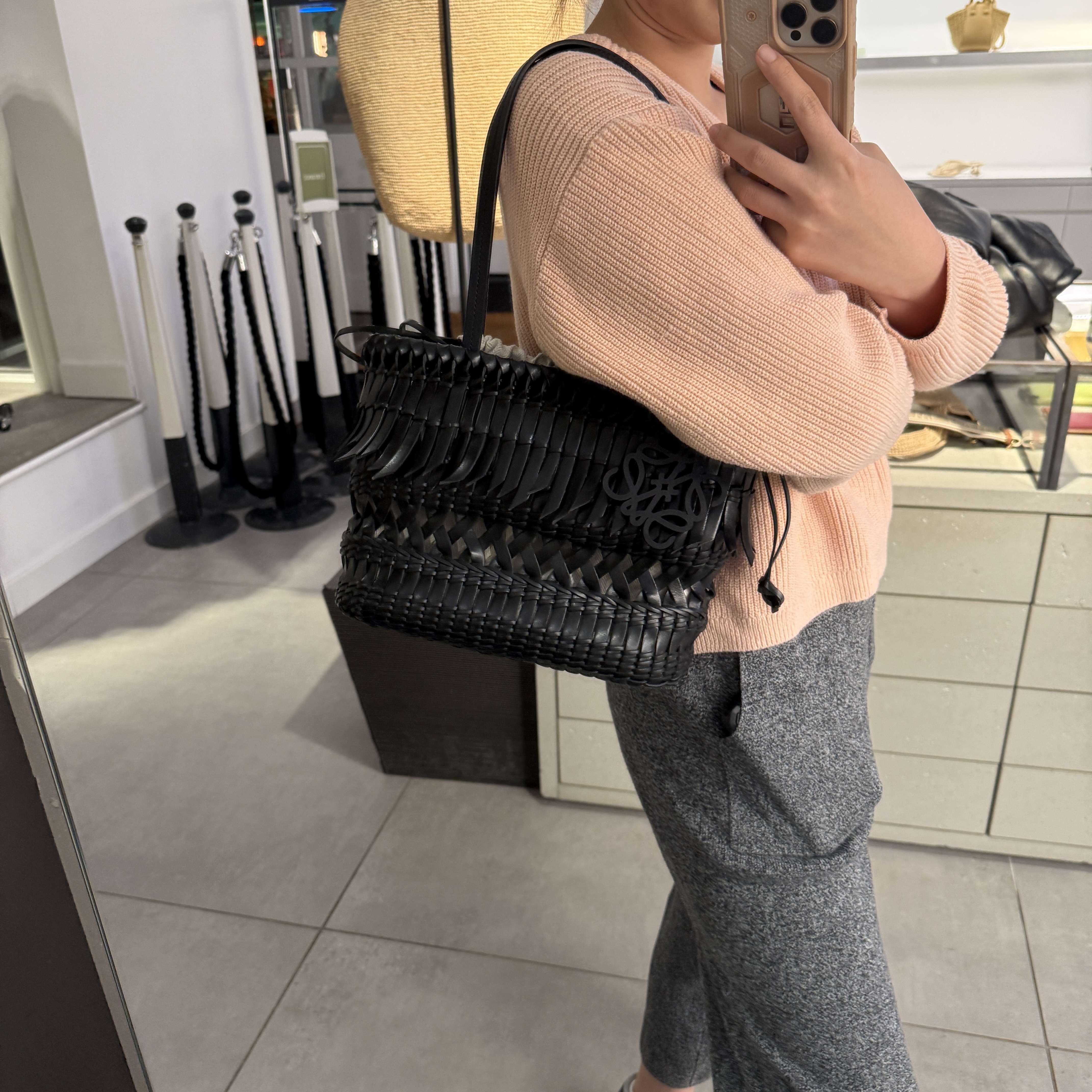 Loewe Fringe square Basket tote shoulder bag black