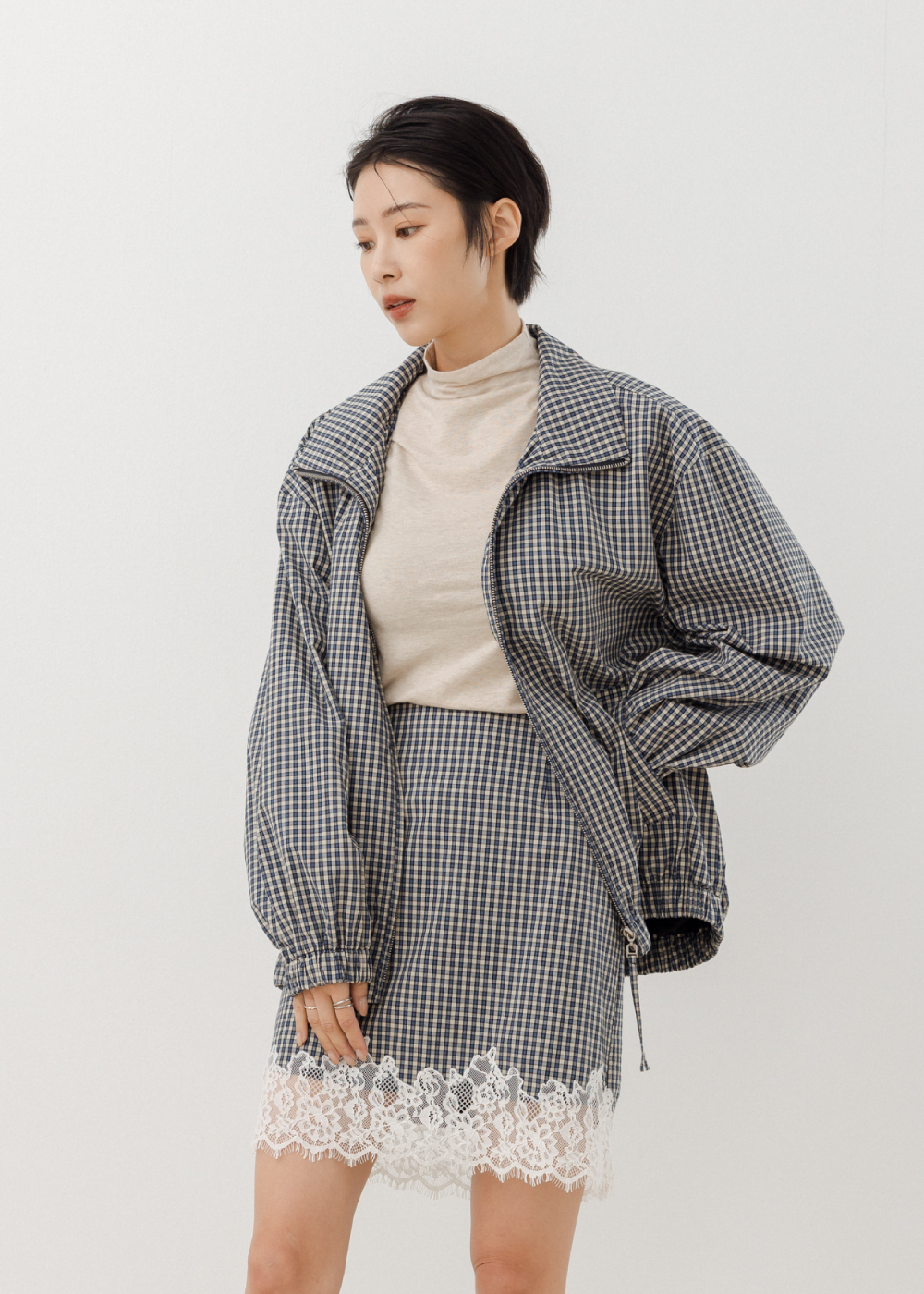 美式復古格紋立領外套