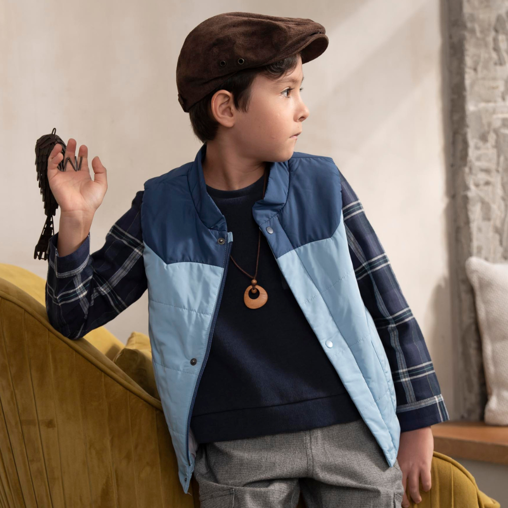 PIPPY 簡約拼接風衣舖棉背心 藍