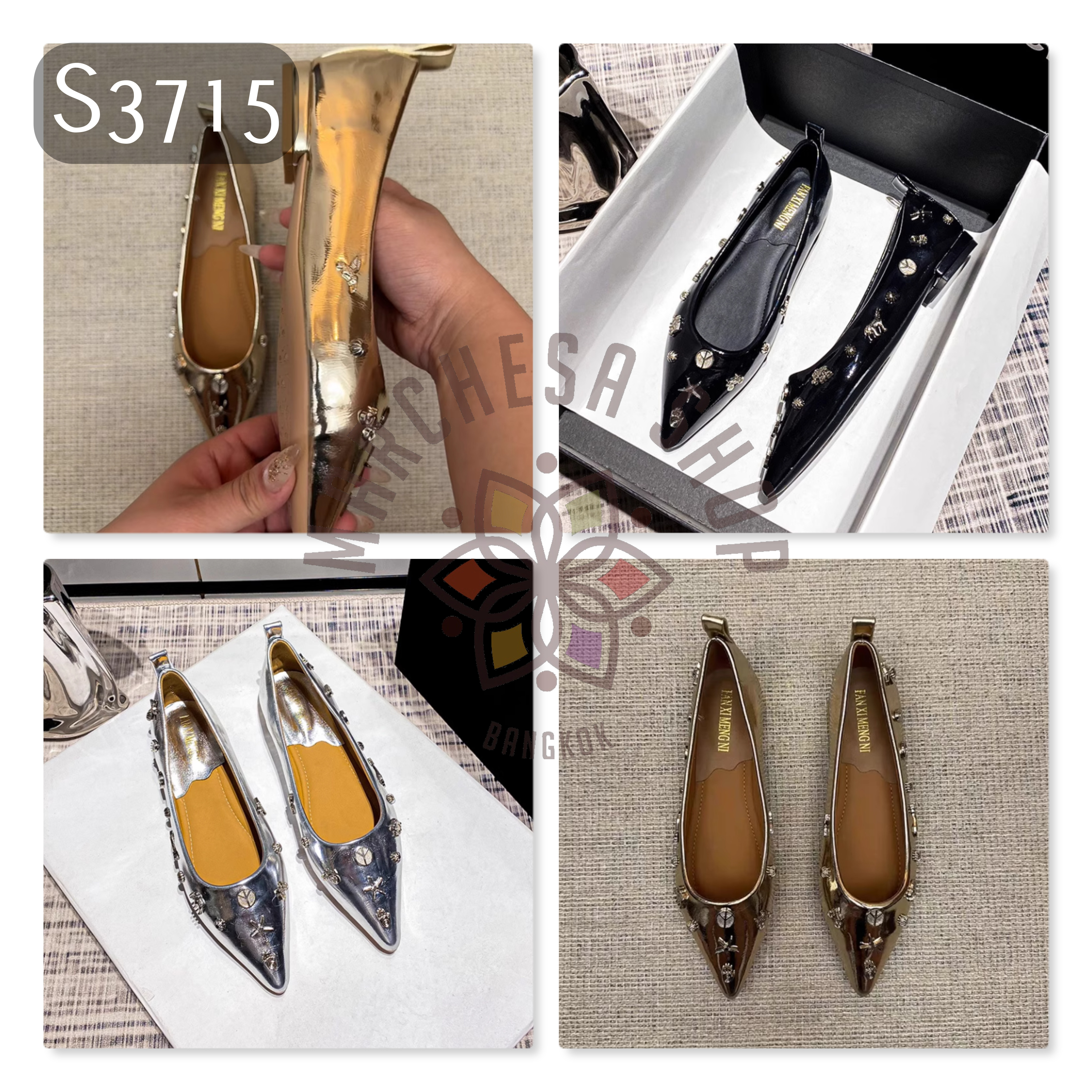 S3715 - 頭層羊皮鏡面裝飾尖頭平底鞋