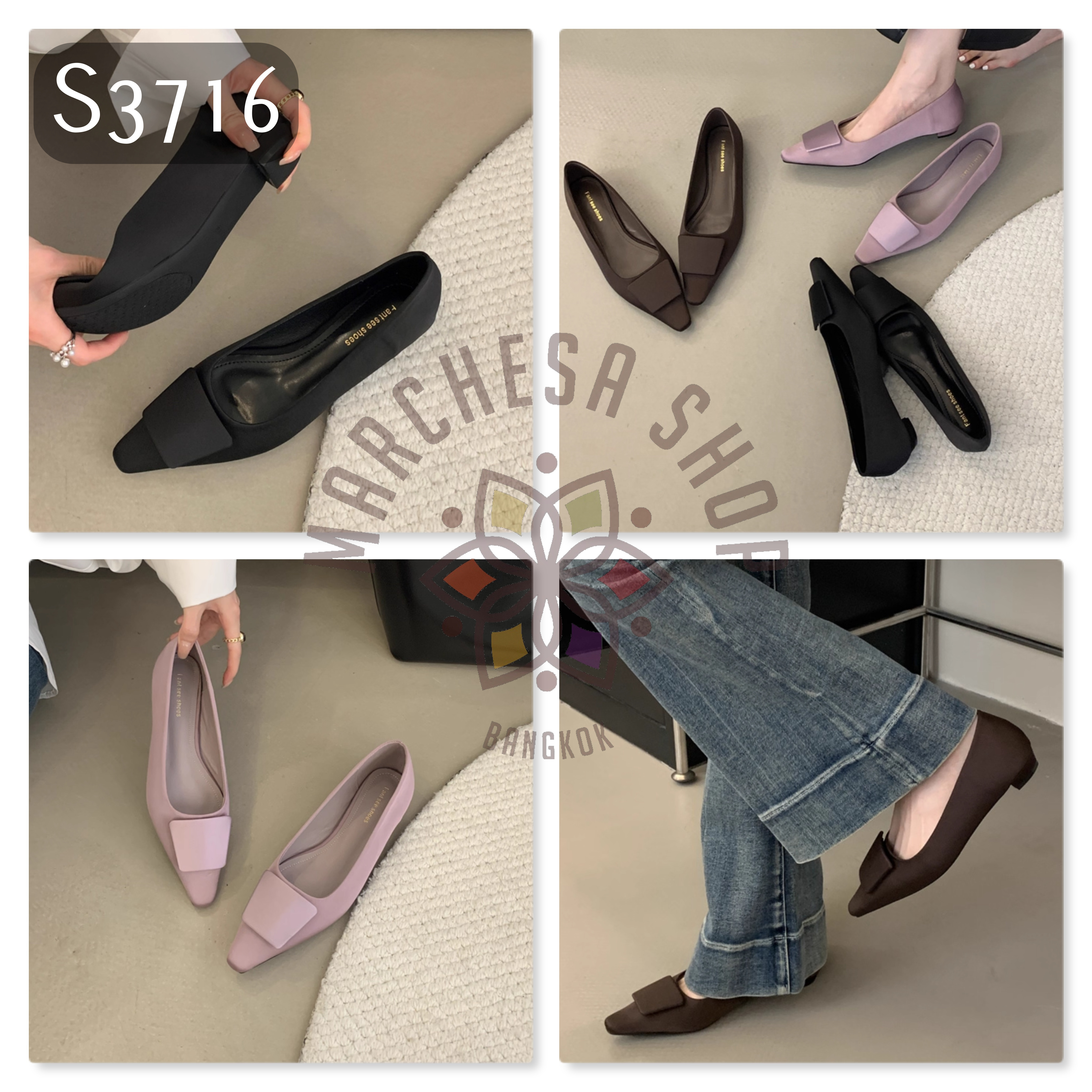 S3716 - 牛皮絲綢方扣裝飾尖頭平底鞋