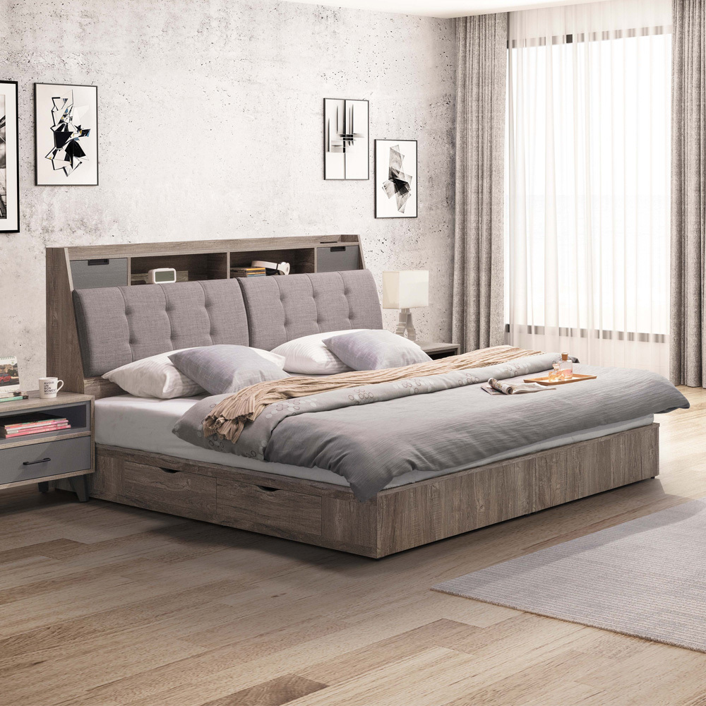 奧瓦5尺工業風雙人床組(附插座床頭箱+四抽收納床底)(不含床墊)