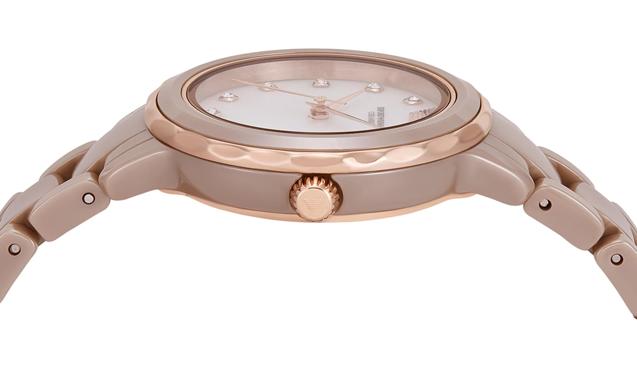 萬年鐘錶 - ARMANI  珍珠母貝面盤沙色陶瓷錶帶女錶  AR70018 錶徑32MM