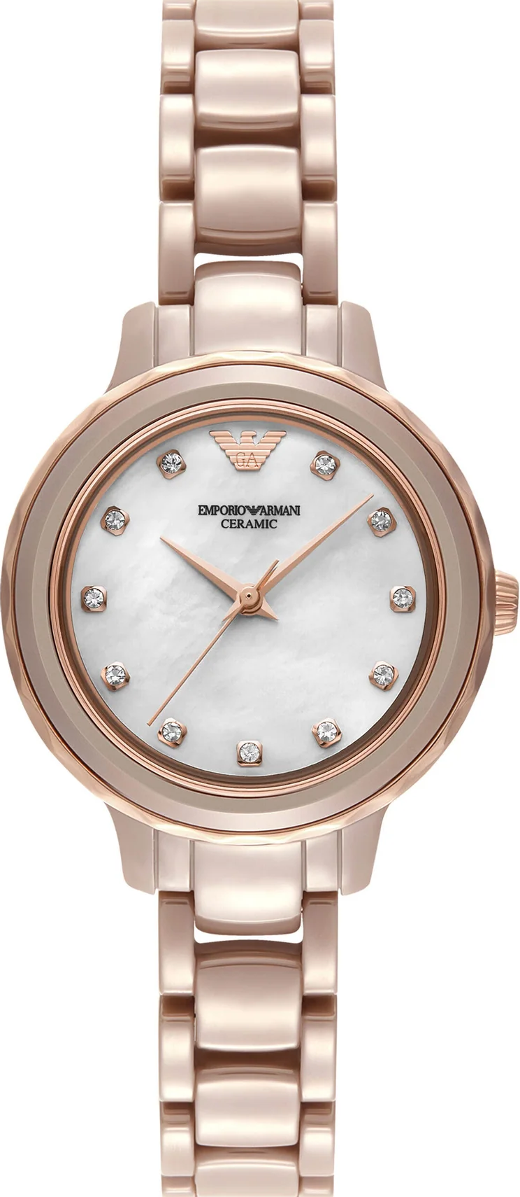 萬年鐘錶 - ARMANI  珍珠母貝面盤沙色陶瓷錶帶女錶  AR70018 錶徑32MM