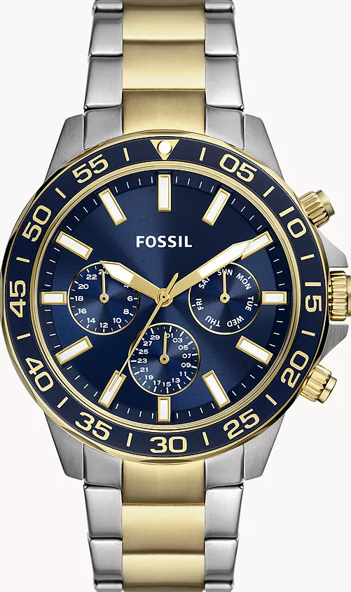 萬年鐘錶 - Fossil  藍面半金色三眼鏽岡錶帶男錶  BQ2867  錶徑45MM