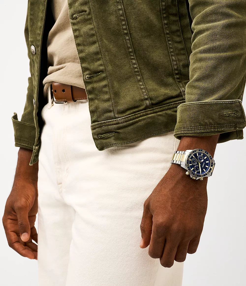 萬年鐘錶 - Fossil  藍面半金色三眼鏽岡錶帶男錶  BQ2867  錶徑45MM