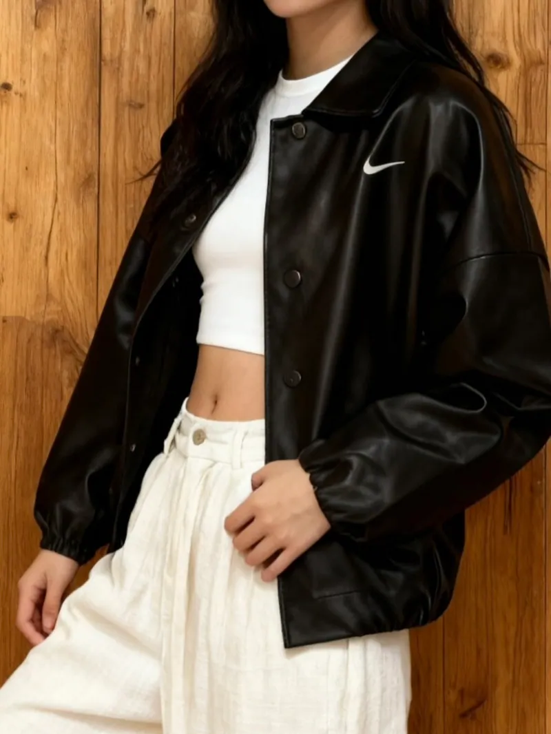 Nike 豹紋領 全黑 寬鬆 皮革外套