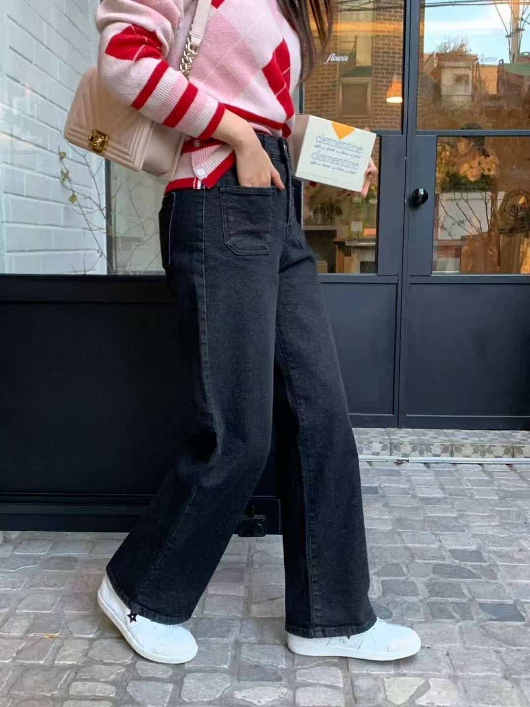 正韓前口袋修身單寧直筒褲