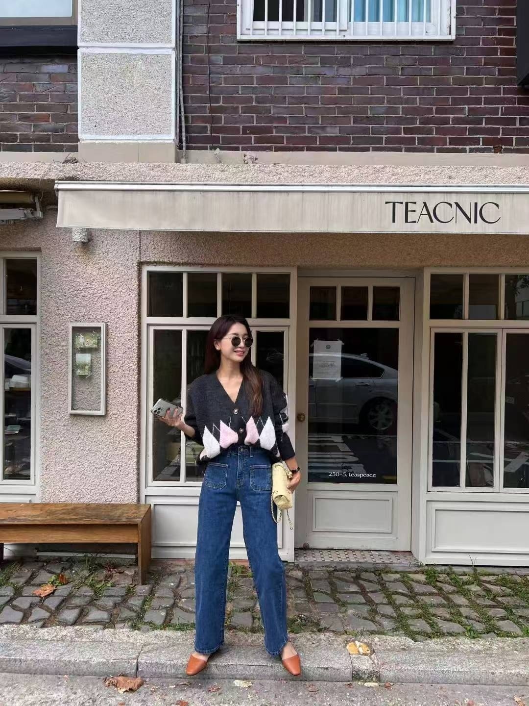 正韓前口袋修身單寧直筒褲