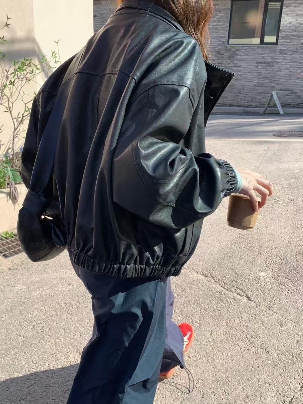 2286 巨美立領縮口軟Q皮外套