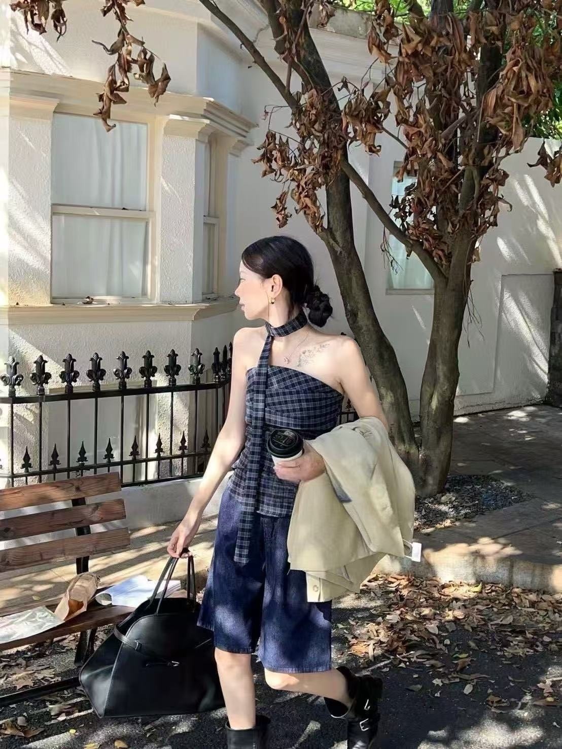 9386 甜辣復古格紋平口上衣(飄帶)