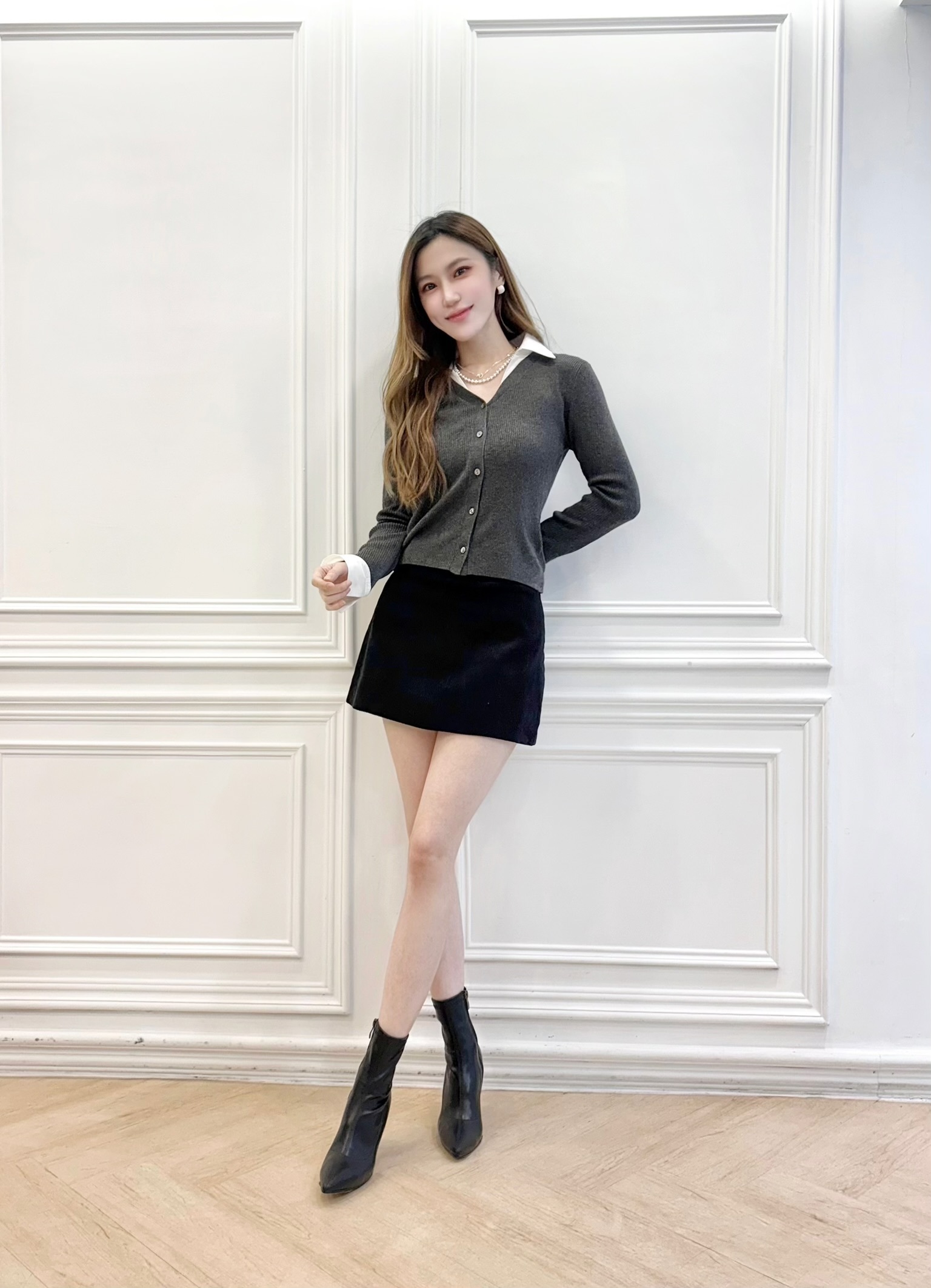 拼接襯衫領針織上衣