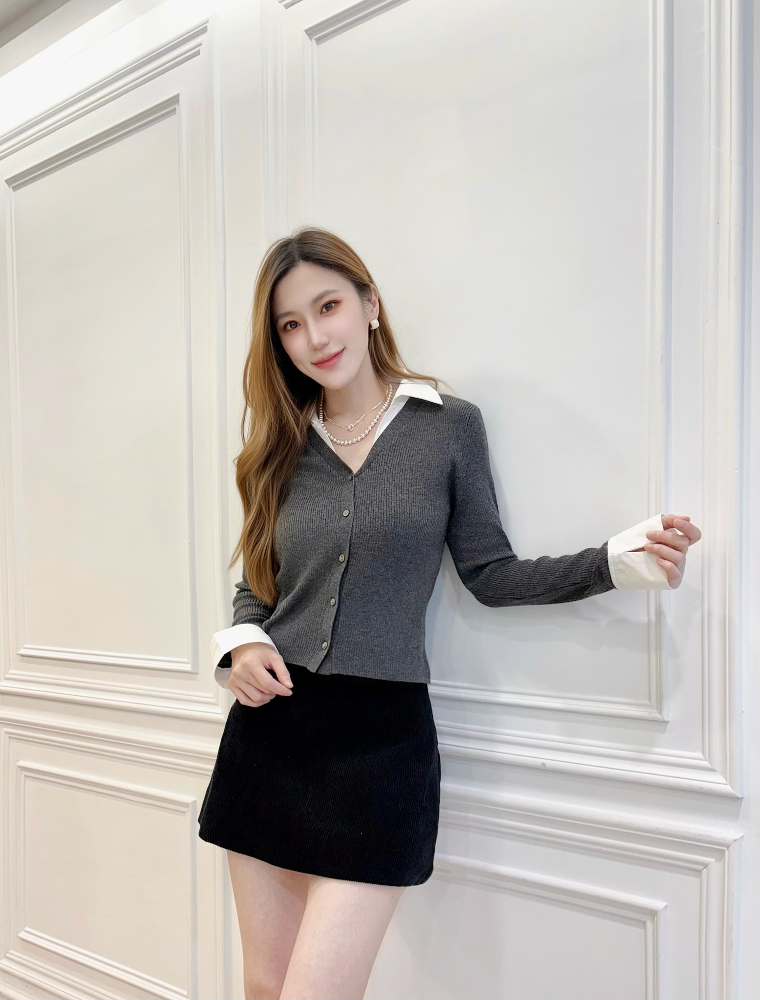 拼接襯衫領針織上衣