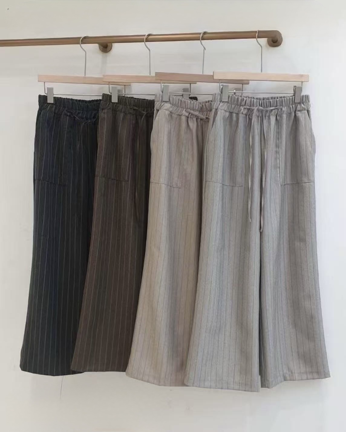 313 正韓鬆緊腰抽繩直條紋休閒褲