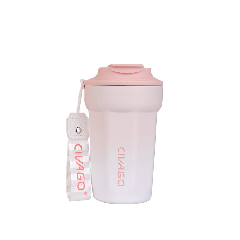 【福利品】朵朵陶瓷保冷保溫咖啡杯/漸層款-雲朵櫻花粉384ml