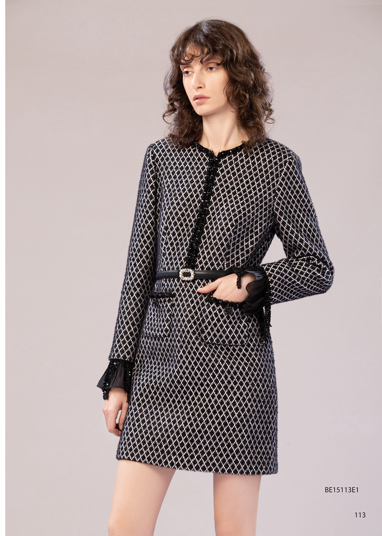 BE15113E1 黑鑽序曲經典黑白格紋小香花呢洋裝