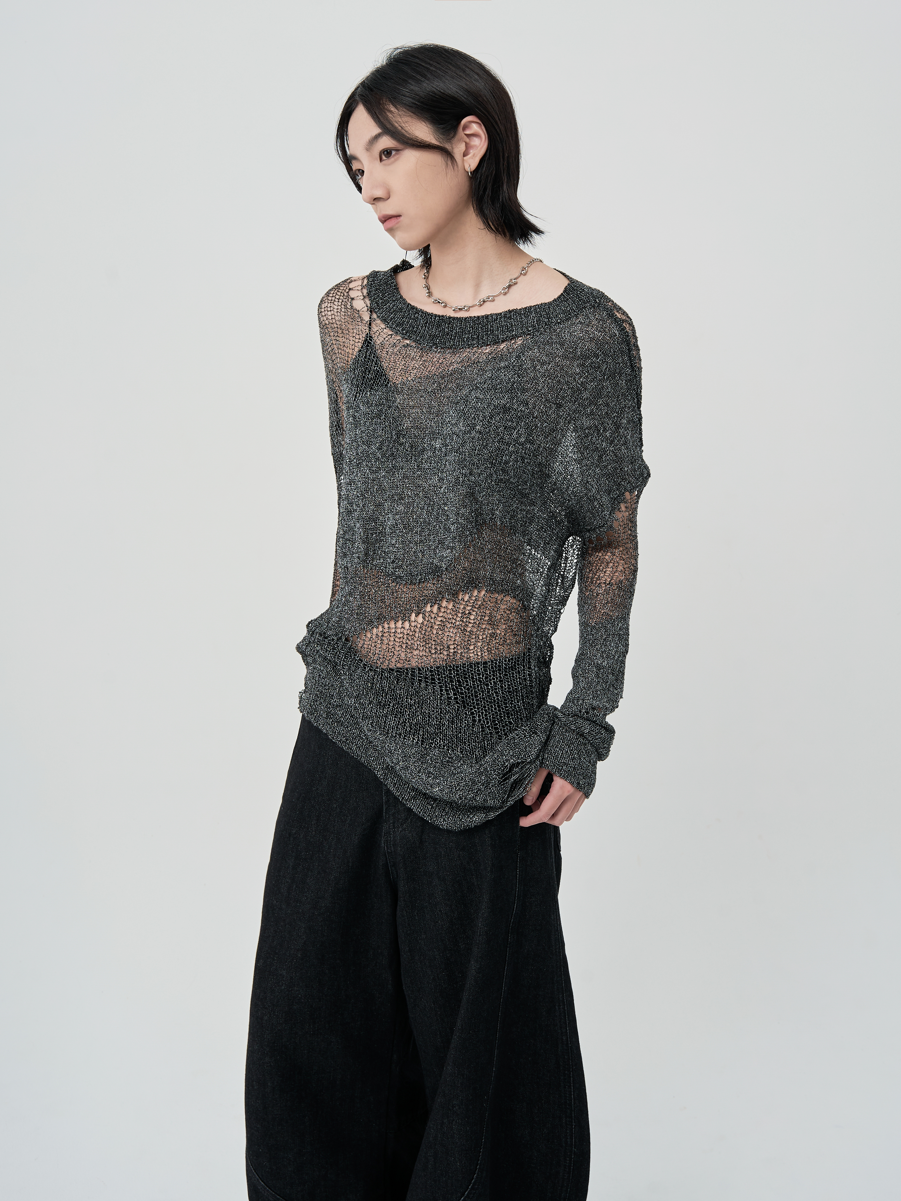 不規則簍空針織長袖-深