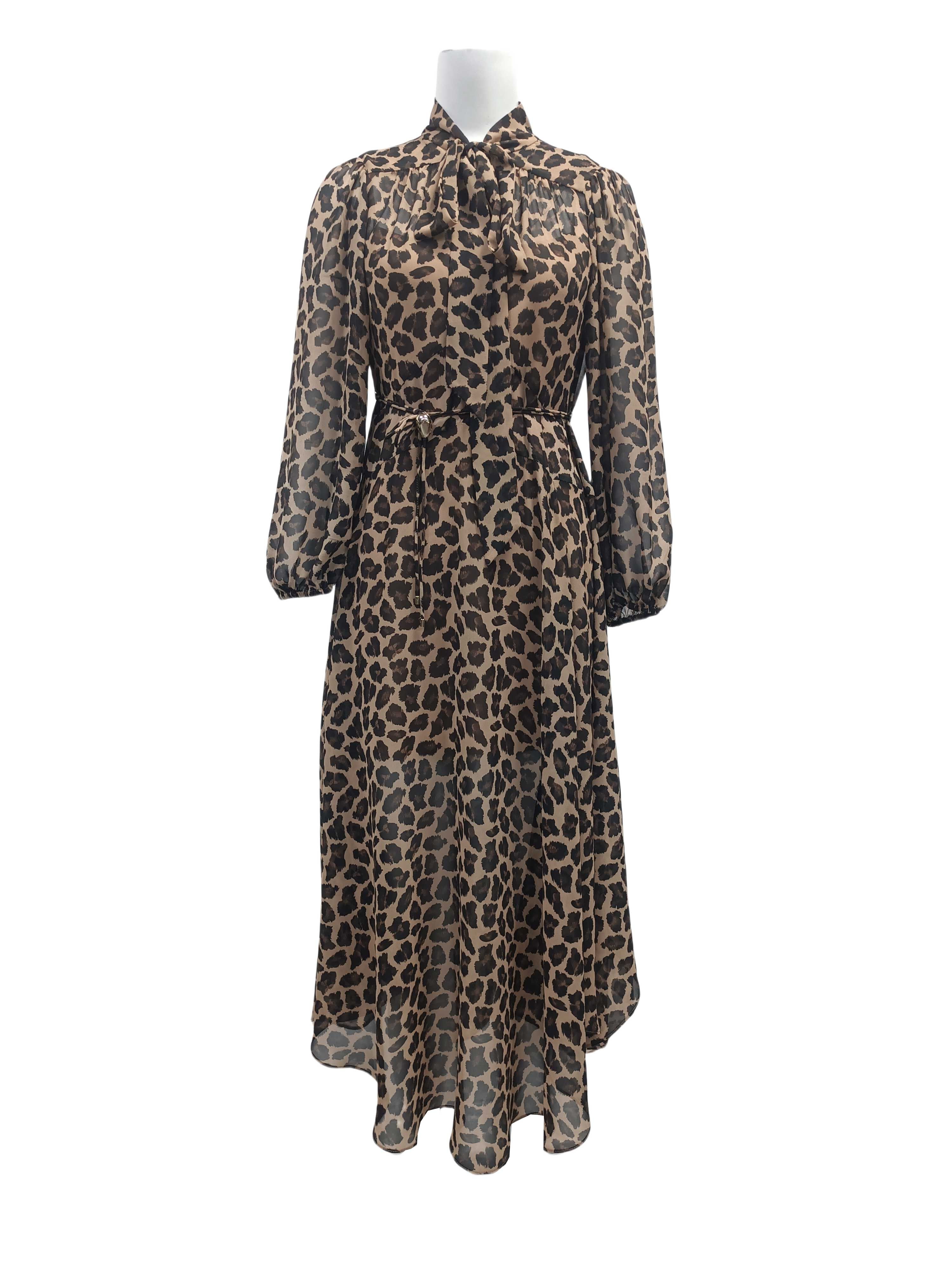 BE15117E1 豹影低語雪紡印花都會摩登領結洋裝 (附綁帶)