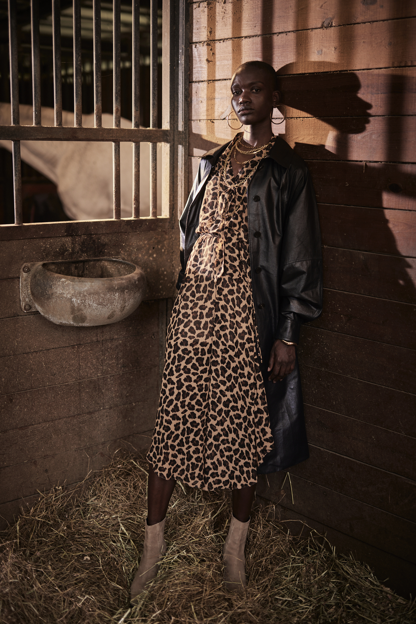 BE15117E1 豹影低語雪紡印花都會摩登領結洋裝 (附綁帶)