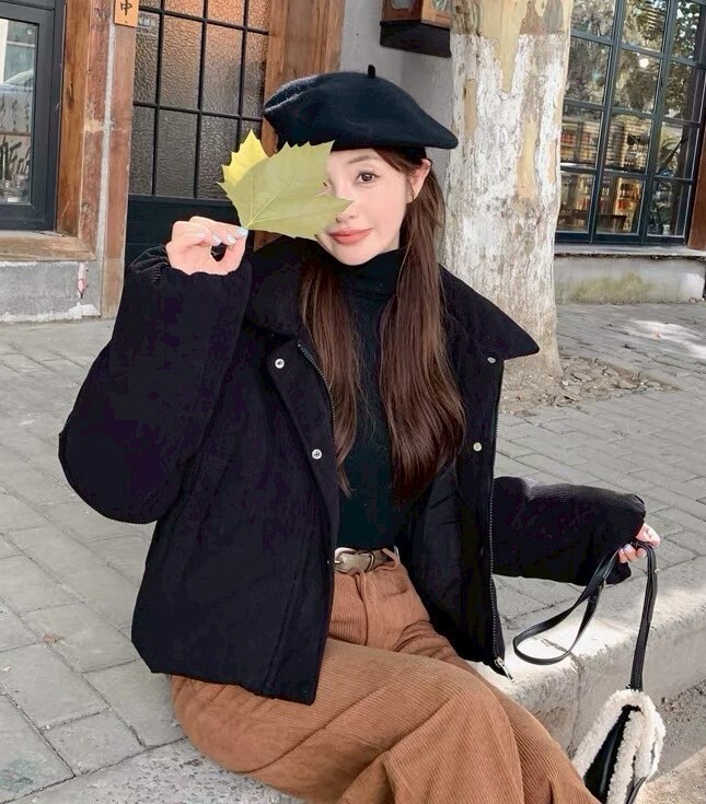 立領坑條絨鋪棉外套