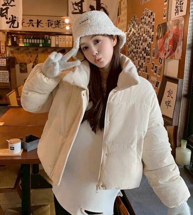 立領坑條絨鋪棉外套