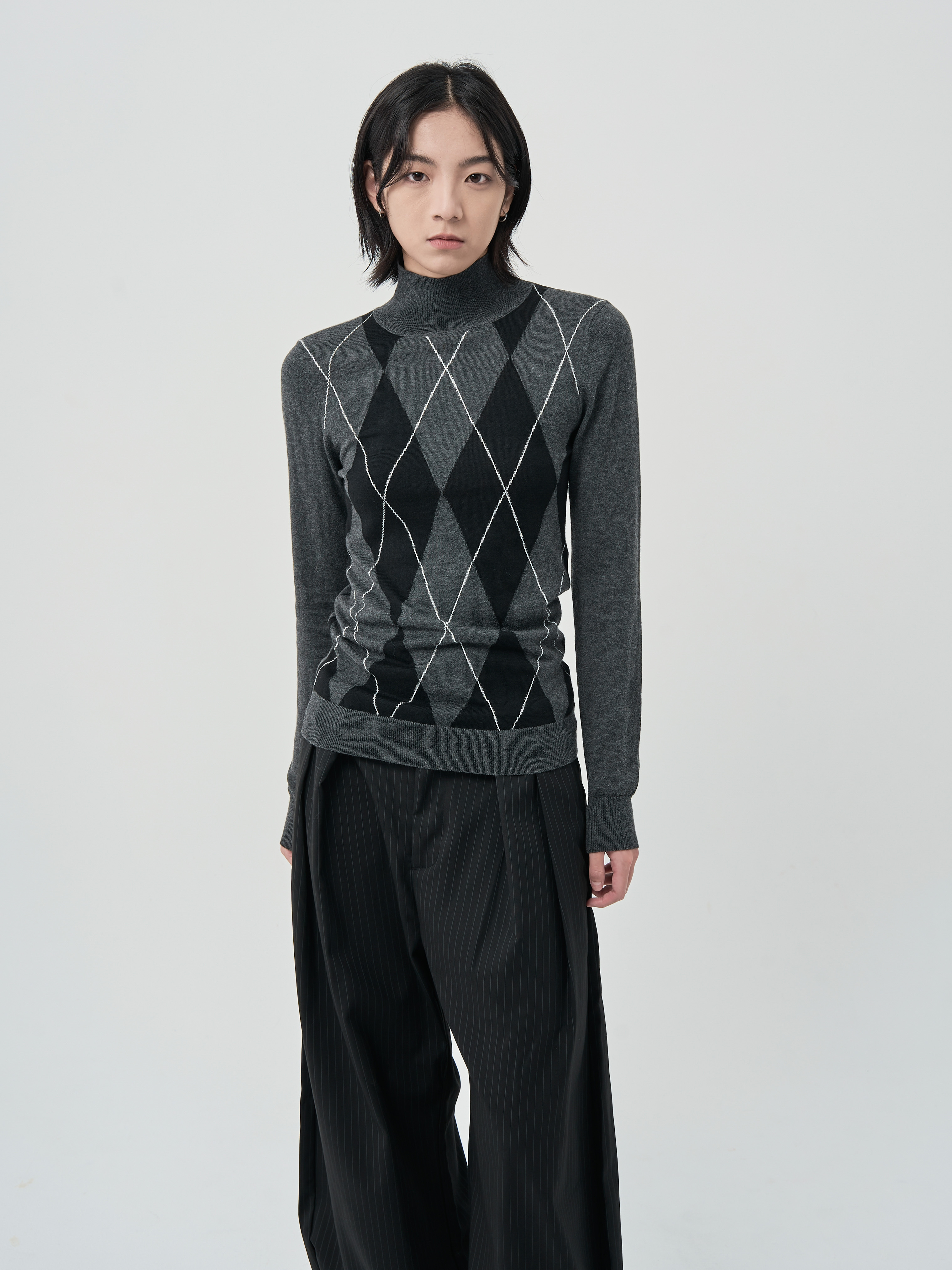 混羊毛菱格灰針織長袖
