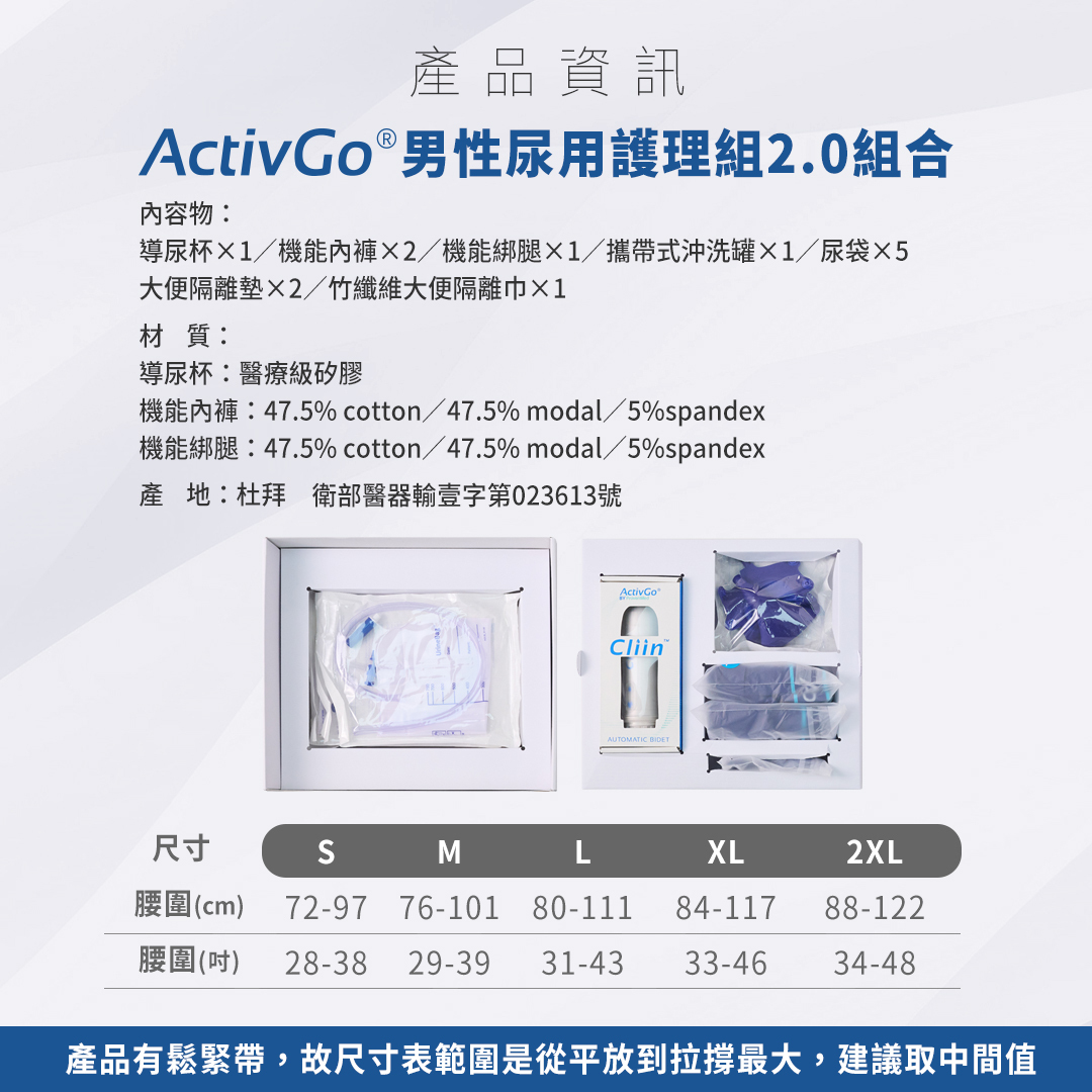 產品資訊,內容物:導尿杯×1、內褲×2、沖洗罐×1、尿袋×5、隔離墊×2、隔離巾×1