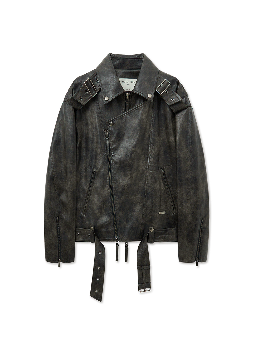 腰帶造型皮革騎士夾克 炭灰