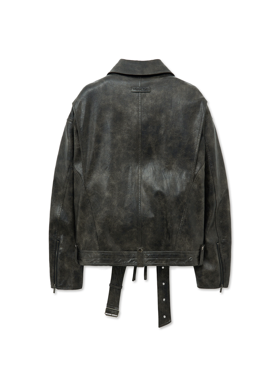 腰帶造型皮革騎士夾克 炭灰