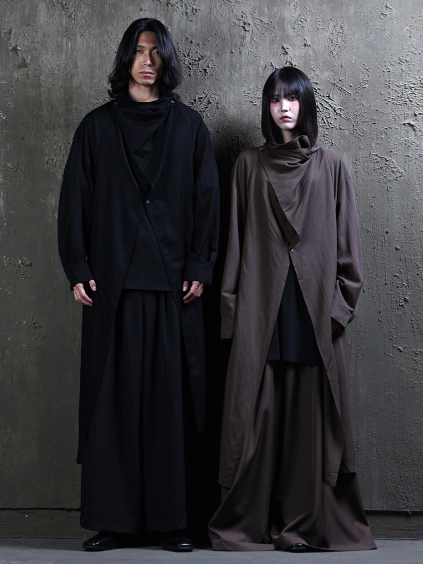 斜扣垂領超長版襯衫