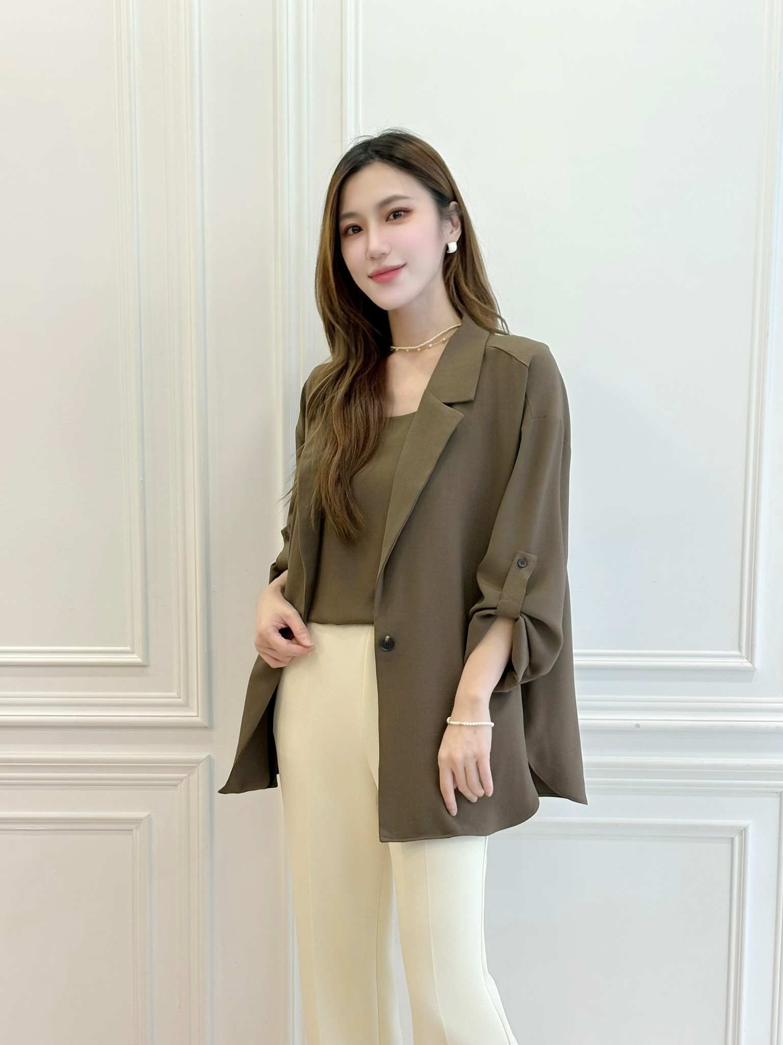 柔滑面料西裝外套+方領背心套裝
