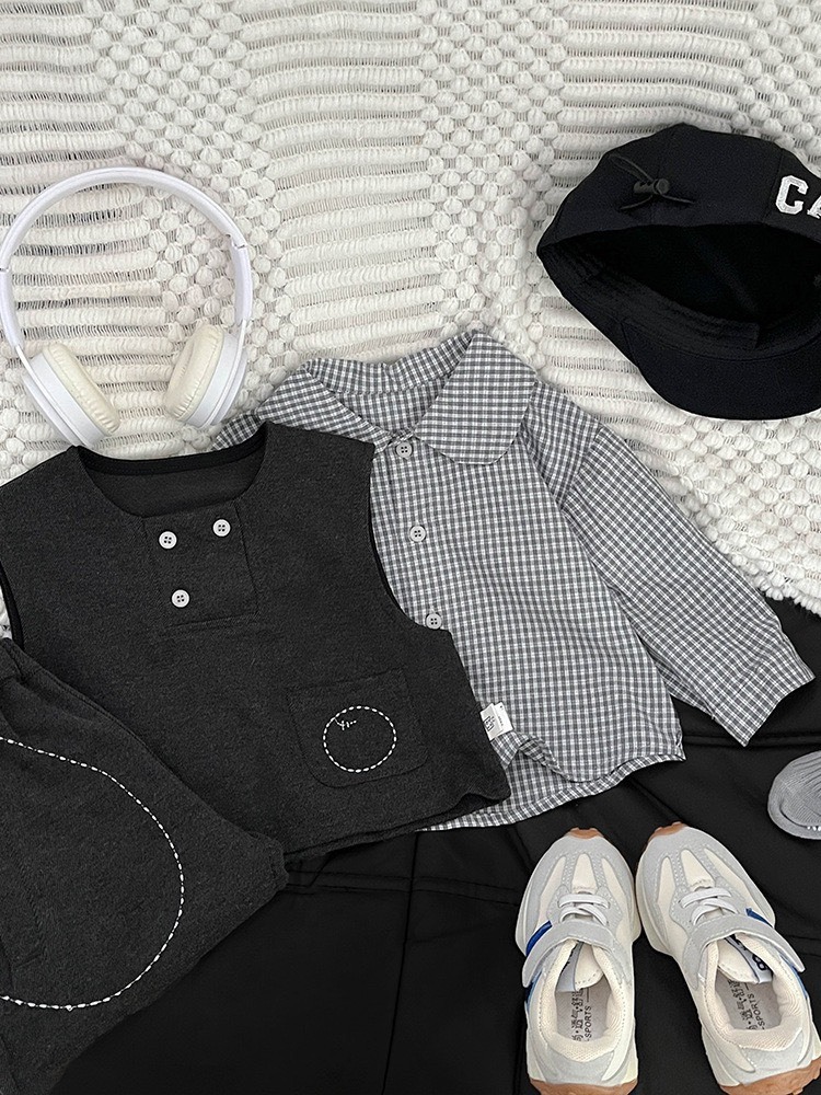 格紋襯衫背心三件組套裝