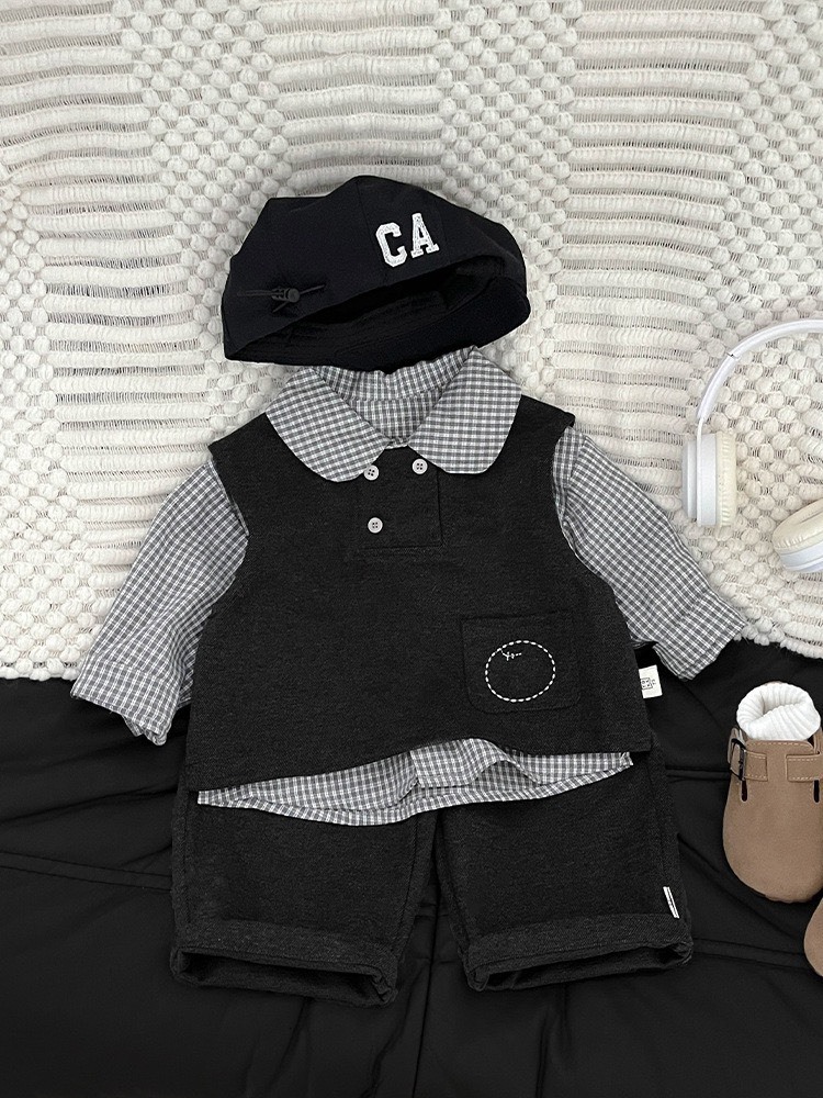 格紋襯衫背心三件組套裝